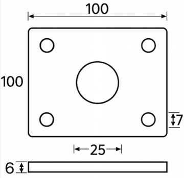 skuren fyrkantig bricka med centrum- och infästningshål